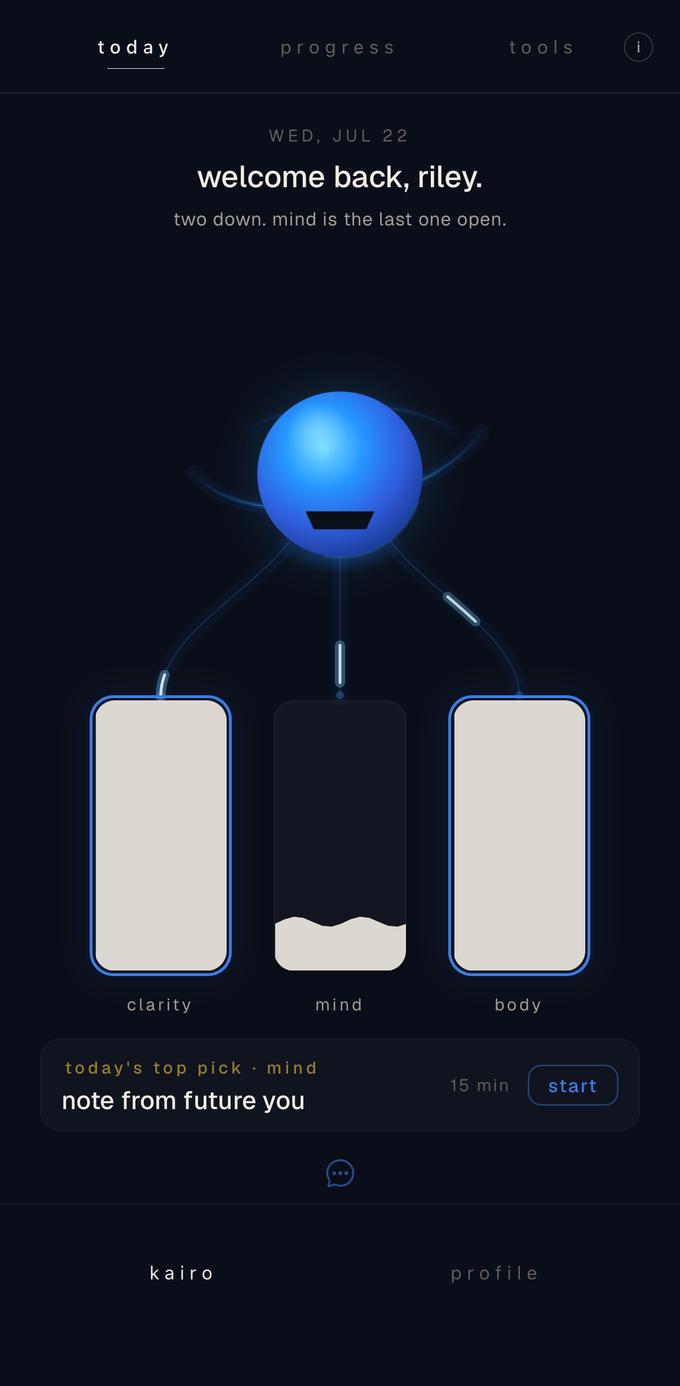 the kairo today screen: your day filling across clarity, mind and body
